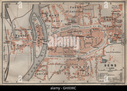 Sens. Vintage Town City Ville Map Plan Carte. Yonne, 1930 Stock Photo 