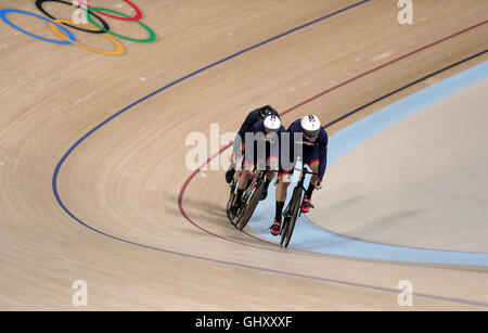 Great Britain's Philip Hindes, Jason Kenny and Callum Skinner during the Men's team sprint on the sixth day of the Rio Olympics Games, Brazil. Stock Photo