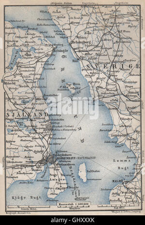 Shores of The Sound Sweden Denmark Helsingor 1899 old map ØRESUND Oresund 