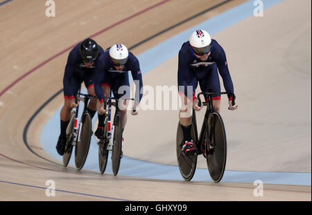 Great Britain's Philip Hindes, Jason Kenny and Callum Skinner during the Men's team sprint on the sixth day of the Rio Olympics Games, Brazil. Stock Photo