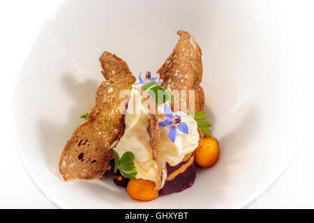 Vegetable appetizer with cream and bread chips. Stock Photo