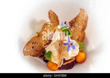 Vegetable appetizer with cream and bread chips. Stock Photo