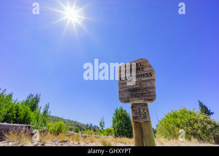 The wooden sign of Ansel Adams Wilderness Stock Photo