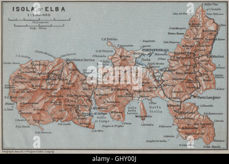 ISOLA D'ELBA topo-map. Portoferraio. Italy mappa. BAEDEKER, 1909 Stock Photo