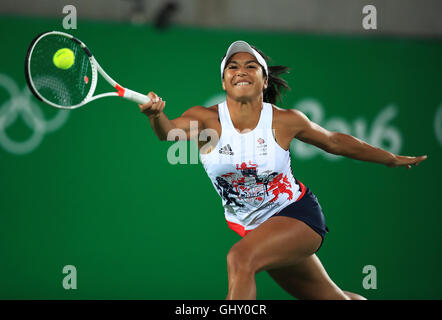 Great Britain's Heather Watson in action during her Mixed Doubles First Round match on Centre Court at the Olympic tennis Centre on the sixth day of the Rio Olympic Games, Brazil. Stock Photo