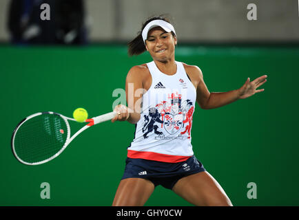 Great Britain's Heather Watson in action during her Mixed Doubles First Round match on Centre Court at the Olympic Tennis Centre on the sixth day of the Rio Olympic Games, Brazil. Stock Photo