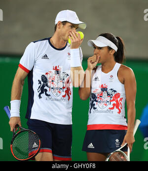 Great Britain's Andy Murray and Heather Watson during their Mixed Doubles First Round match on Centre Court at the Olympic Tennis Centre on the sixth day of the Rio Olympic Games, Brazil. Stock Photo