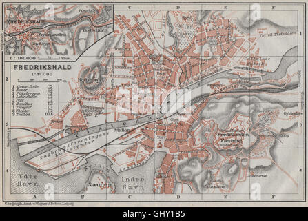 HALDEN Fredrikshald antique town city byplan. Norway kart. BAEDEKER, 1909 map Stock Photo