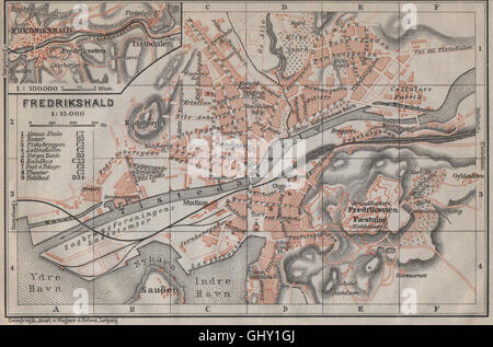 HALDEN Fredrikshald antique town city byplan. Norway kart. BAEDEKER, 1912 map Stock Photo