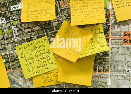 During public meetings, Boulder often asks residents to express their feelings about issues on sticky notes. Stock Photo