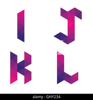 Series of letters i, j, k, l formed by colored triangles. Geometric shape. White background. Isolated. Stock Vector