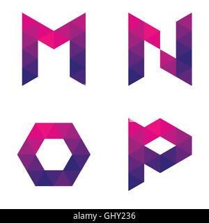 Series of letters m, n, o, p formed by colored triangles. Geometric shape. White background. Isolated. Stock Vector