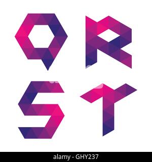 Series of letters q, r, s, t formed by colored triangles. Geometric shape. White background. Isolated. Stock Vector