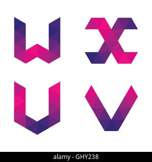 Series of letters u, v, w, x formed by colored triangles. Geometric shape. White background. Isolated. Stock Vector