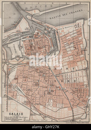 CALAIS antique town city plan de la ville. Pas-de-Calais carte, 1907 old map Stock Photo