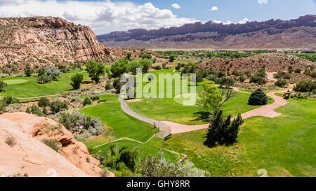 Picturesque Moab public Golf Course nestled amongst the red rocks in Moab, Utah. Stock Photo