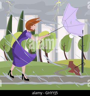 woman walking at summer storm - colorful cartoon illustration Stock Vector