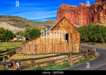 Gifford Barn on the Gifford Homestead in the community of Fruita in Capitol Reef National Park near Torrey, Utah. Stock Photo