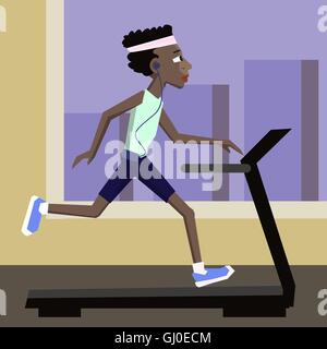 black man jogging at gym - cute colorful cartoon illustration Stock Vector