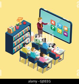 online education concept in 3d isometric flat design with abstract classroom and tablet Stock Vector