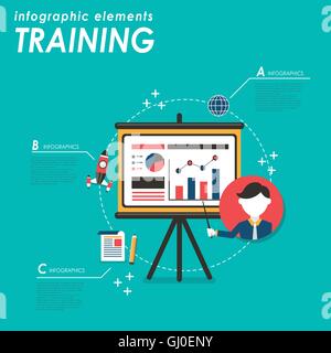 Business training flat design with projector screen and chart graph Stock Vector