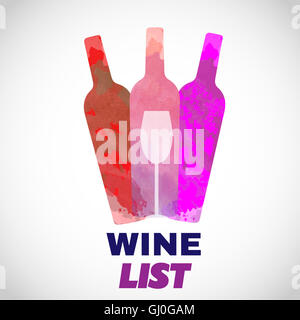 Wine tasting card, with colored bottles and a glass over a white background. Digital vector image. Stock Photo