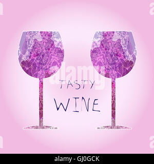 Wine tasting card, tasty text, with white two glasses over a pink background. Digital vector image. Stock Photo