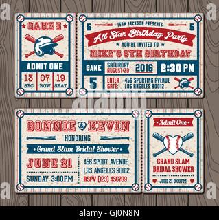 Vector illustrations for Invitation tickets for Baseball and softball themed events Stock Vector