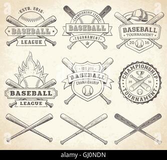 Collection of vector illustrations of Baseball team and competition logos and insignias, in grunge Vintage style. Stock Vector
