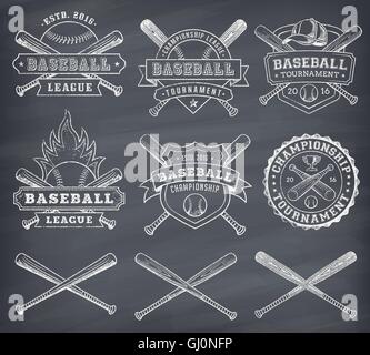 Collection of vector illustrations of Baseball team and competition logos and insignias, in grunge style over a blackboard Stock Vector