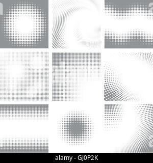 Collection of nine white and grey halftone shapes Stock Vector