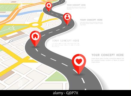 Vector Infographic with a tortuous road separating blank space from a Perspective city map with red markers and rounded icons. Stock Vector