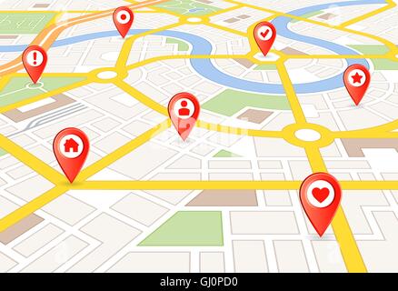 Vector Perspective city map with red markers and rounded icons Stock Vector