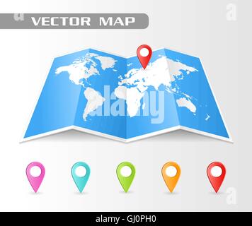 Full vector Folded map of the world with a perspective view. Complete with colorful map pointers. Stock Vector
