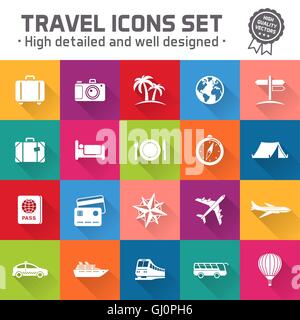 Collection of twenty multicolored high quality icons set for travel and tourism Stock Vector