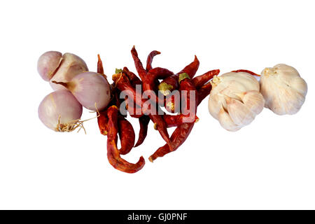 shallots garlic dry chili pepper isolated on white background Stock Photo