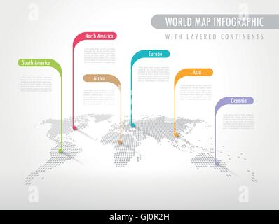 Perspective Pixelated World Map with Labels pointing each Continent Stock Vector