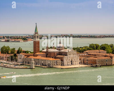 Aerial view of the white Istrian marble facade of the church of San Giorgio Maggiore, on the island of the same name, Venice, It Stock Photo