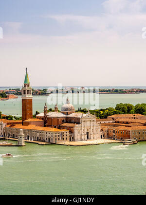 Aerial view of the white Istrian marble facade of the church of San Giorgio Maggiore, on the island of the same name, Venice. Stock Photo