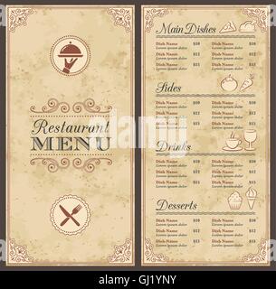 A Classic Restaurant Menu Template with nice Icons in an Elegant Style with a grunge background Stock Vector