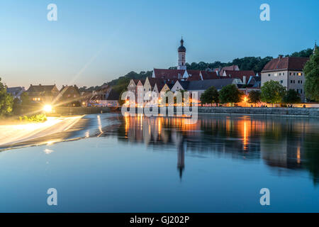 the historic centre of Landsberg am Lech reflected in the river Lech,  Upper-Bavaria, Bavaria, Germany, Europe Stock Photo