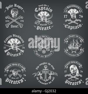 Vintage Looking Skull Pirate Logos and Insignia on a chalkboard background Stock Vector