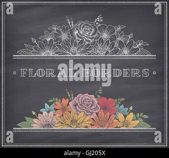 Vector border decoration composed of detailed colorful flowers illustrations with chalk drawing effect on a nice shaded blackboard Stock Vector