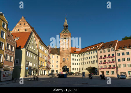 main square of the historic old town with tower Schmalzturm, Landsberg am Lech,  Upper-Bavaria, Bavaria, Germany, Europe Stock Photo