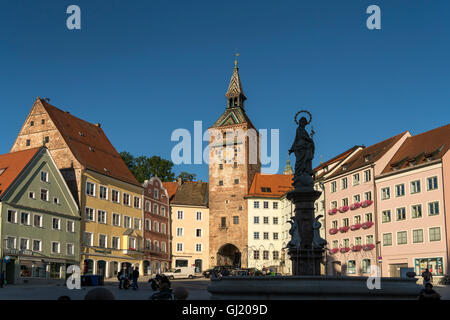 main square of the historic old town with Marias fountain and tower Schmalzturm , Landsberg am Lech,  Upper-Bavaria, Bavaria, Ge Stock Photo