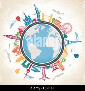 Vector illustration of a Earth Globe surrounded by Colorful Famous Landmarks and means of transport on a grunge background Stock Vector