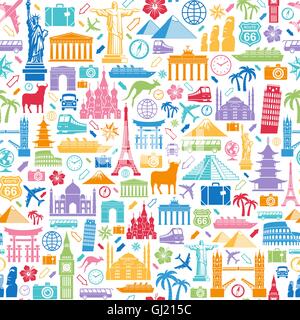 Seamless texture composed of travel related and famous monuments icons Stock Vector