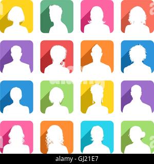 A collection of 16 high detail avatars White silhouettes On colorful Shaded Backgrounds. Vector File is EPS v.8. No transparency Stock Vector