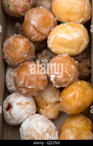 A box of Timbits served in Canada. The glazed, bite-sized pieces of doughnut are served at Tim Horton's stores.