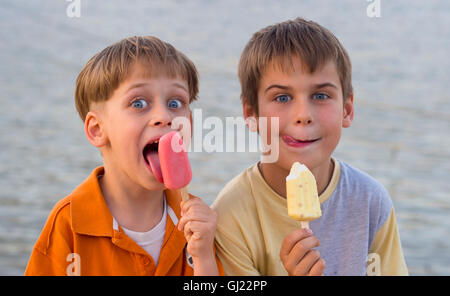 brothers eating ice cream Stock Photo